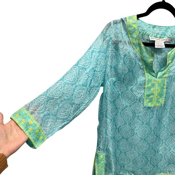 Gretchen Scott Turquoise Lime 3/4 Sleeve Easy Breezy Silk Tunic Womens Large - Picture 7 of 8